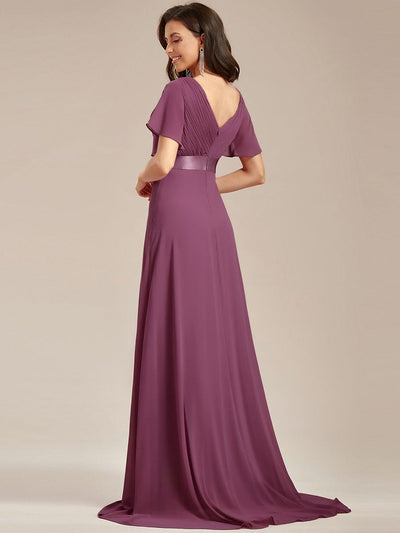 High Waist Short Sleeves Bridesmaid Dress #color_Damson