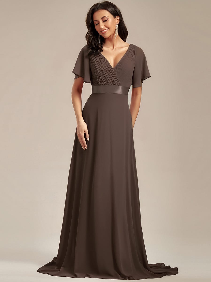 High Waist Short Sleeves Bridesmaid Dress #color_Espresso