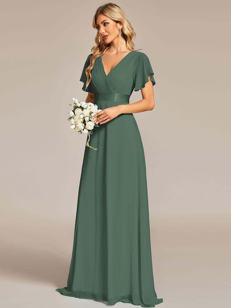 Long Empire Waist Bridesmaid Dress with Short Flutter Sleeves #color_Eucalyptus Green