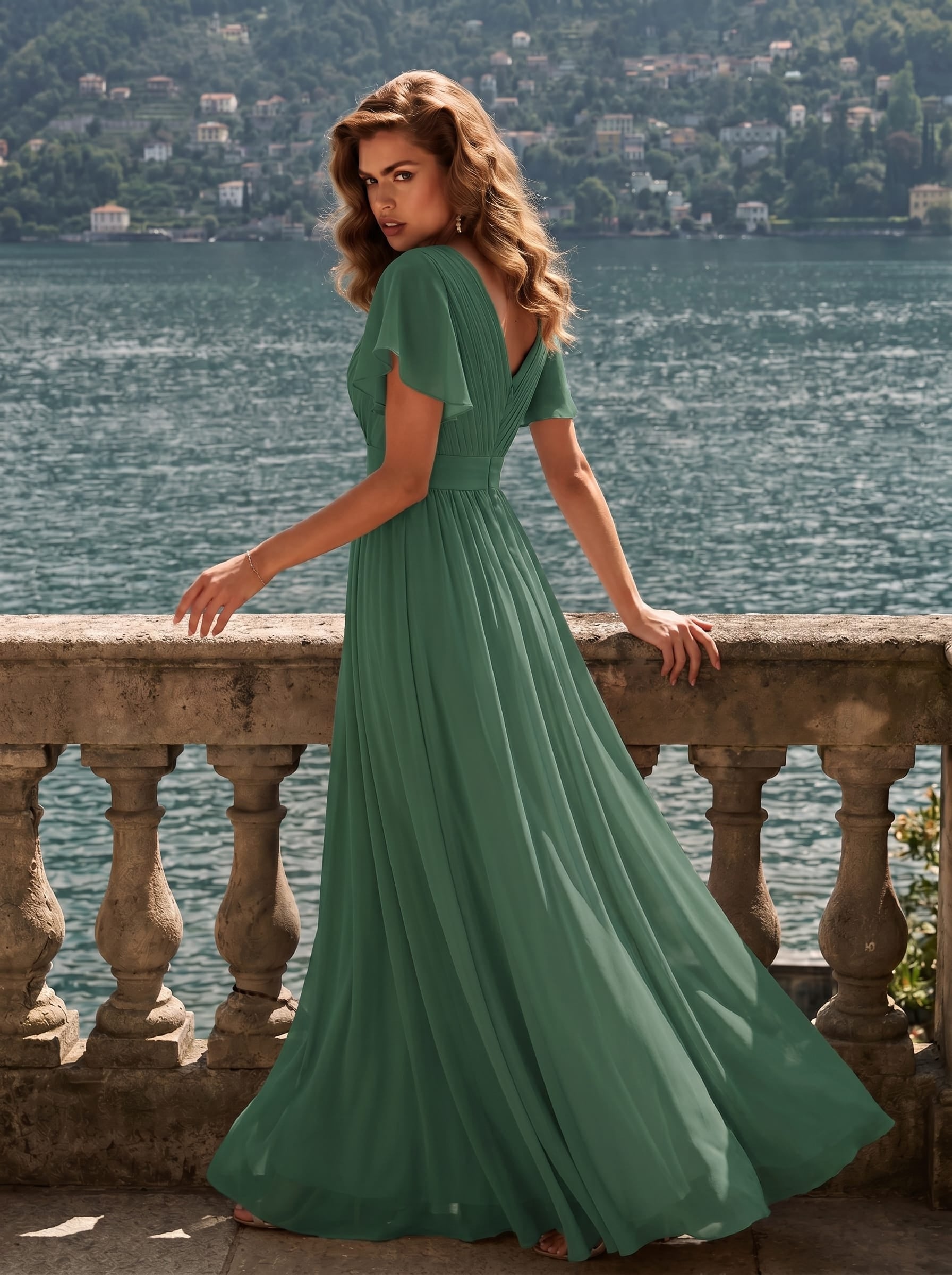 Long Empire Waist Bridesmaid Dress with Short Flutter Sleeves #color_Eucalyptus Green
