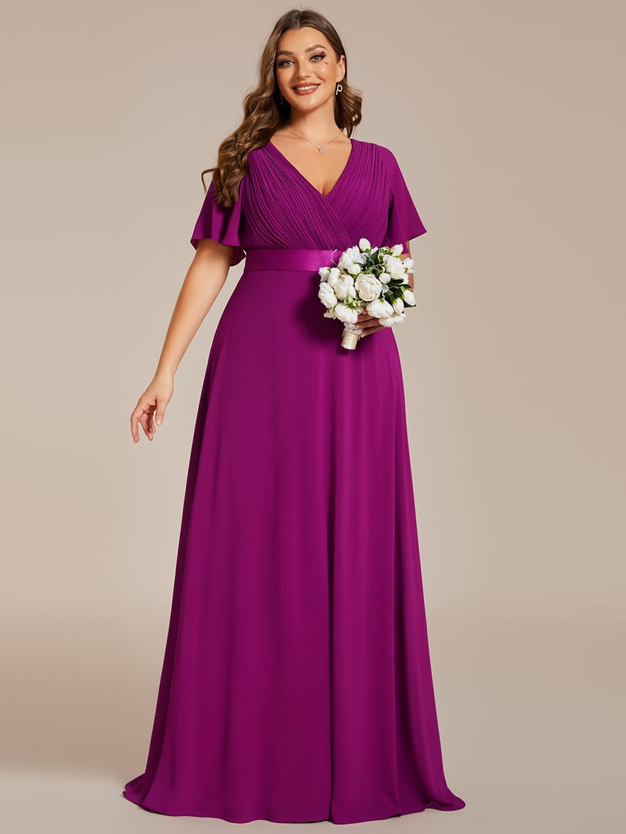 High Waist Short Sleeves Bridesmaid Dress #color_Fuchsia