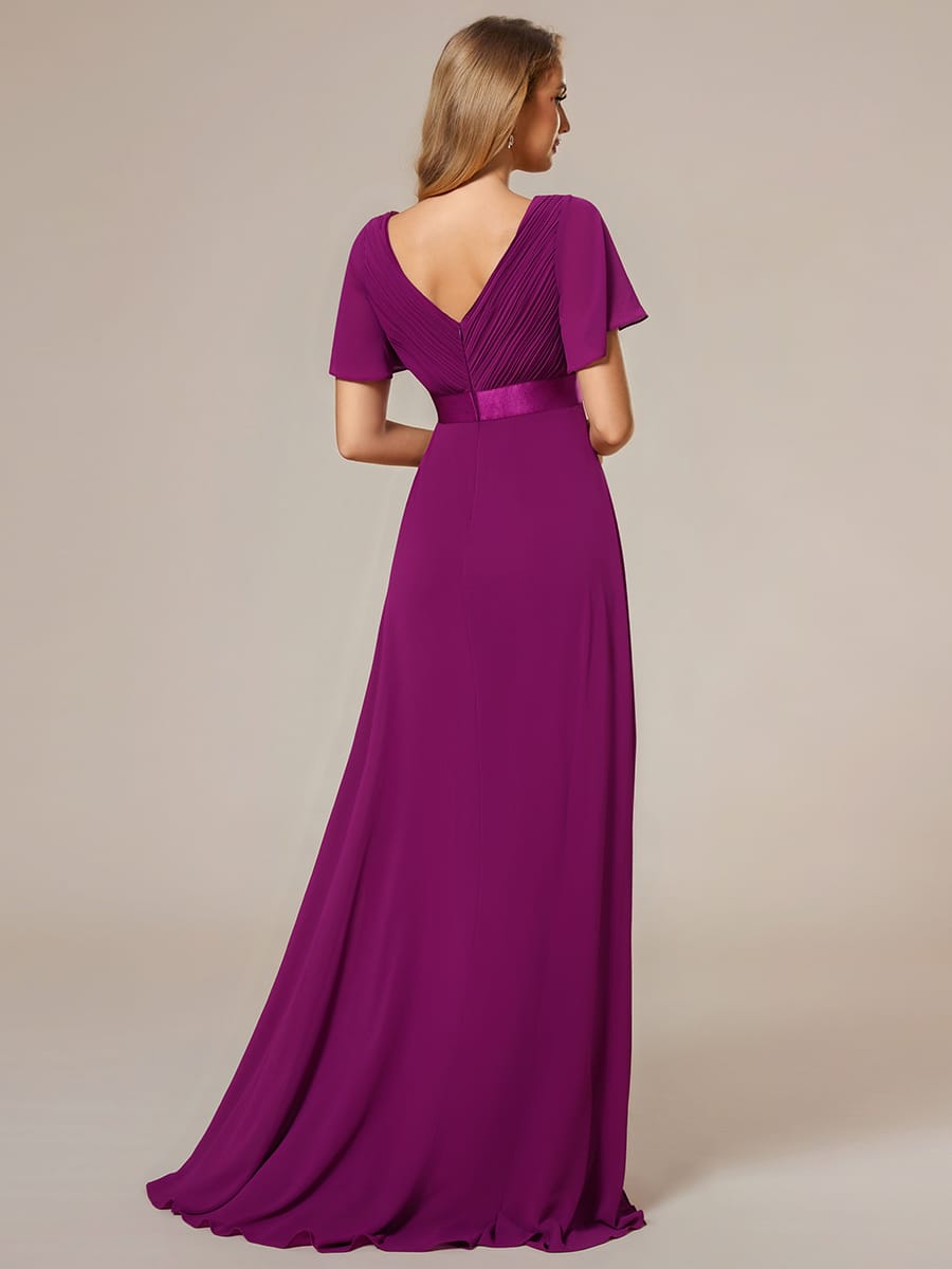 High Waist Short Sleeves Bridesmaid Dress #color_Fuchsia