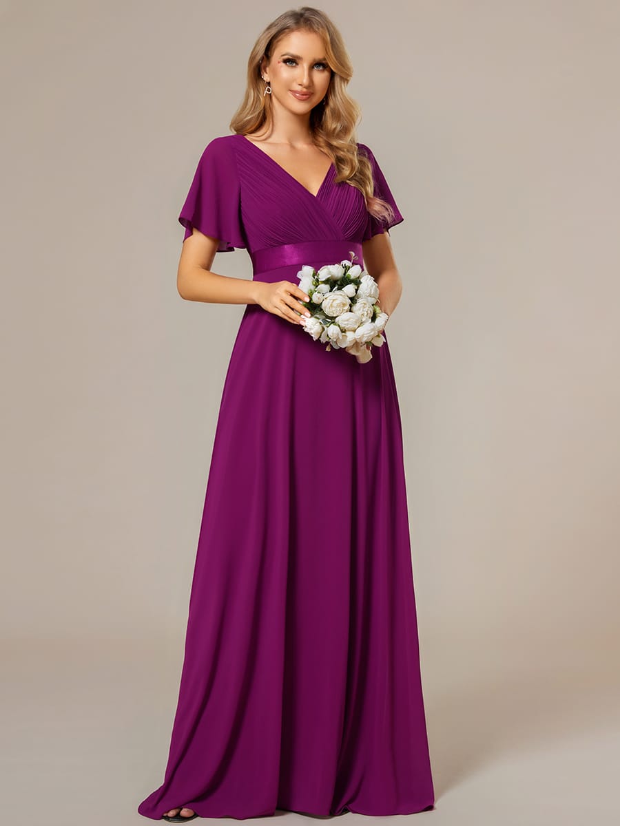 High Waist Short Sleeves Bridesmaid Dress #color_Fuchsia