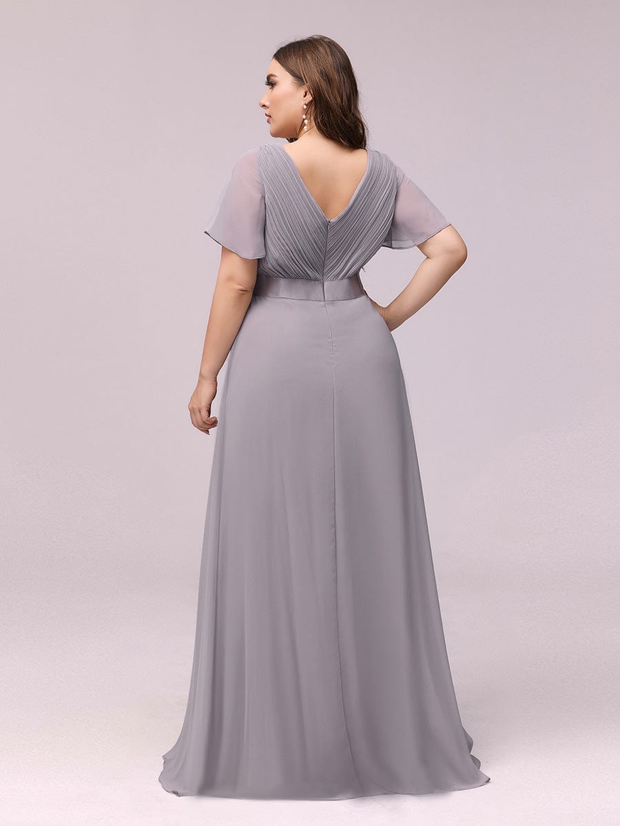 Plus Size Long Empire Waist Bridesmaid Dress with Short Flutter Sleeves #color_Grey