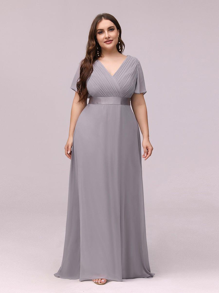 Plus Size Long Empire Waist Bridesmaid Dress with Short Flutter Sleeves #color_Grey