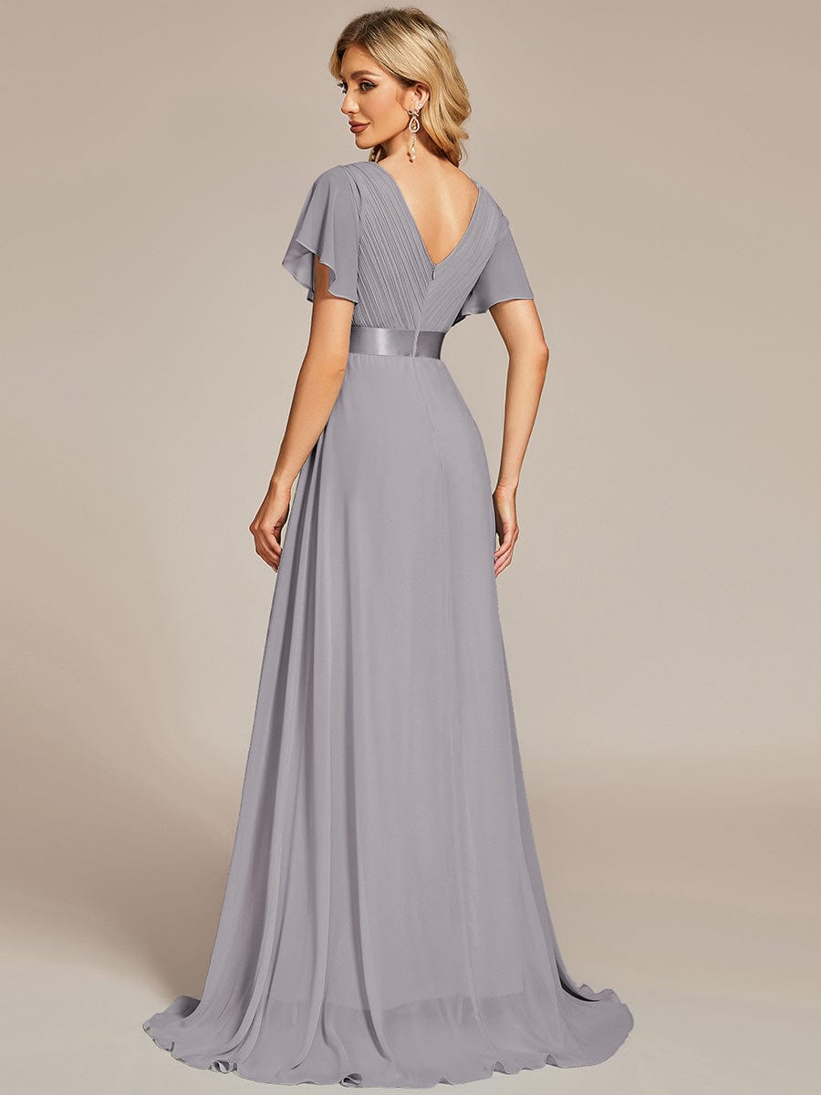 Long Empire Waist Bridesmaid Dress with Short Flutter Sleeves #color_Grey