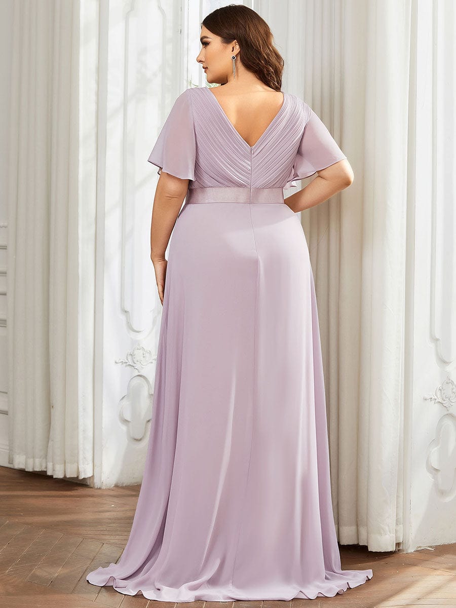 Plus Size Long Empire Waist Bridesmaid Dress with Short Flutter Sleeves #color_Lilac