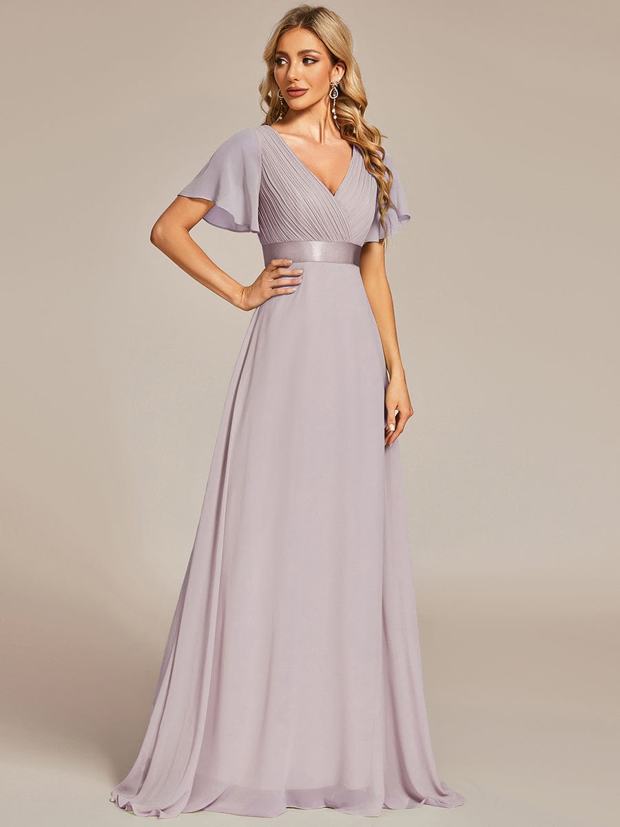 Long Empire Waist Bridesmaid Dress with Short Flutter Sleeves