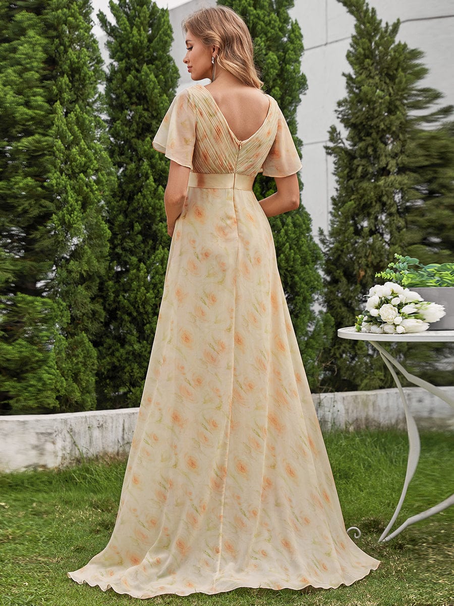 Floral Chiffon High Waist Short Sleeves Bridesmaid Dress