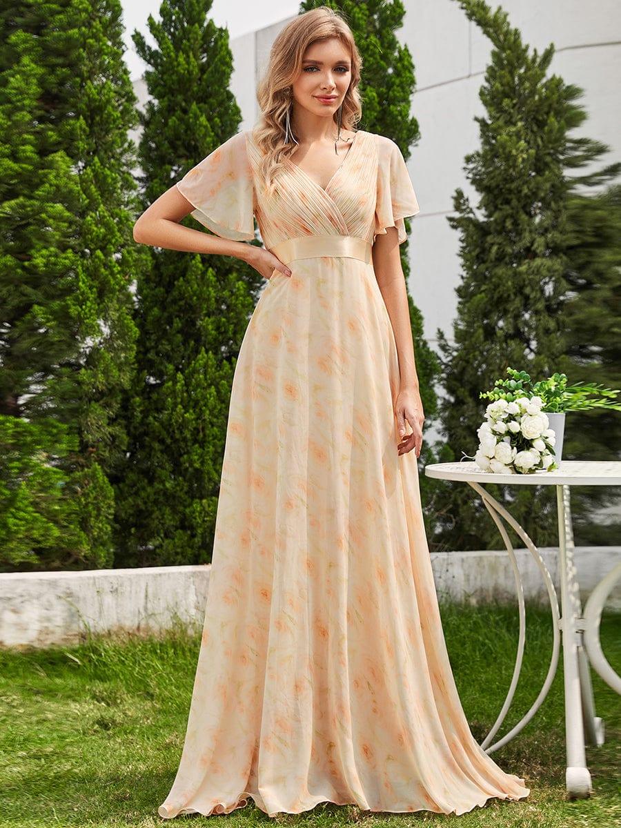 Long High Waist Chiffon Floral Bridesmaid Dress