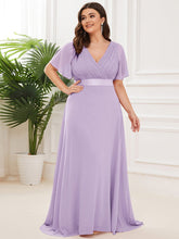 Plus Size Long Empire Waist Bridesmaid Dress with Short Flutter Sleeves #color_Lavender