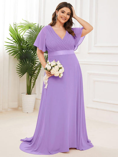 Plus Size Long Empire Waist Bridesmaid Dress with Short Flutter Sleeves #color_Lavender