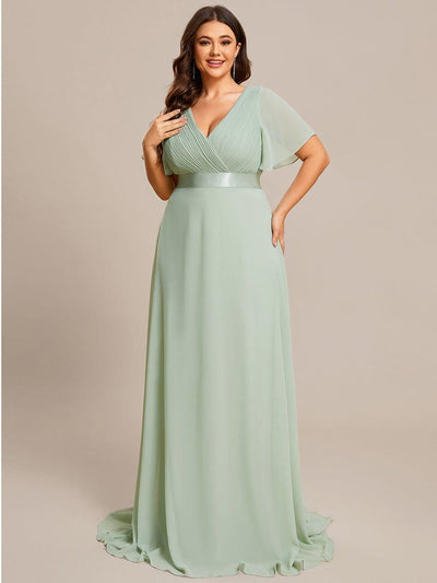 Plus Size Long Empire Waist Bridesmaid Dress with Short Flutter Sleeves #color_Mint Green