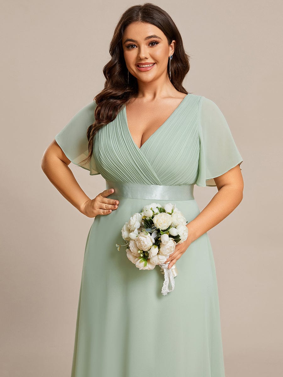 Plus Size Long Empire Waist Bridesmaid Dress with Short Flutter Sleeves