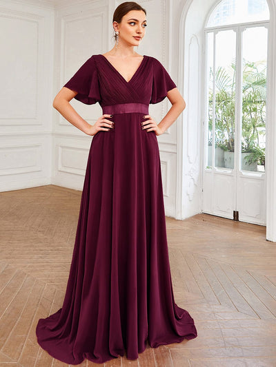 High Waist Short Sleeves Bridesmaid Dress #color_Mulberry