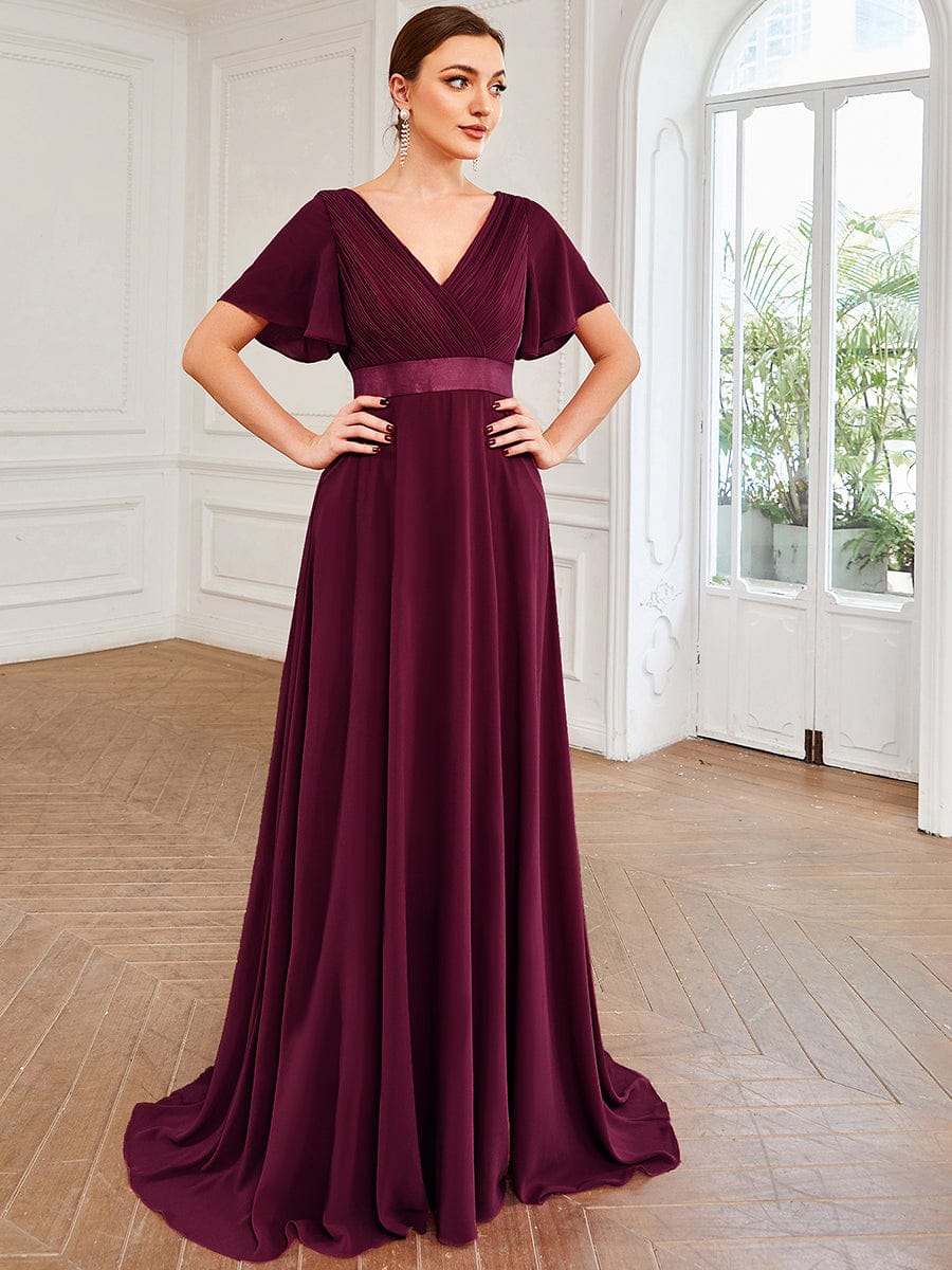High Waist Short Sleeves Bridesmaid Dress #color_Mulberry