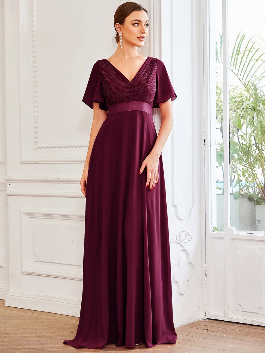 High Waist Short Sleeves Bridesmaid Dress #color_Mulberry