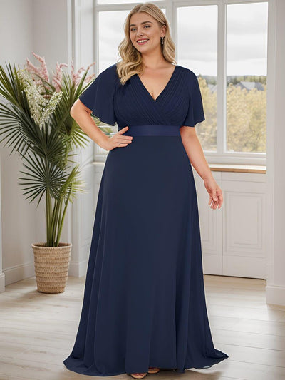 Plus Size Long Empire Waist Bridesmaid Dress with Short Flutter Sleeves #color_Navy Blue