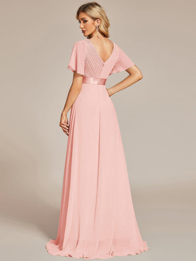 Long Empire Waist Bridesmaid Dress with Short Flutter Sleeves #color_Pink