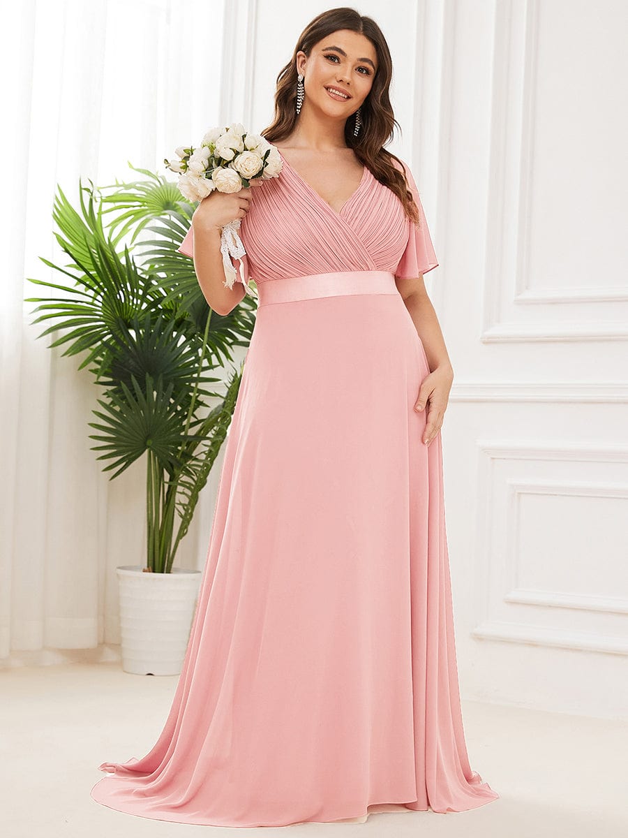 Plus Size Long Empire Waist Bridesmaid Dress with Short Flutter Sleeves #color_Pink