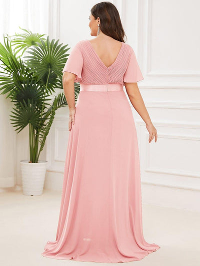 Plus Size Long Empire Waist Bridesmaid Dress with Short Flutter Sleeves #color_Pink