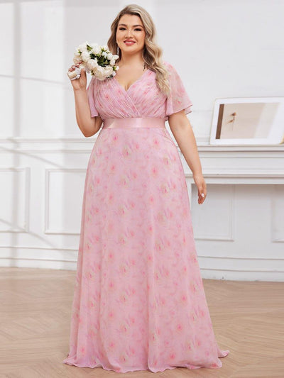 pretty MONICA|Plus Size Long Empire Waist Bridesmaid Dress with Short Flutter Sleeves