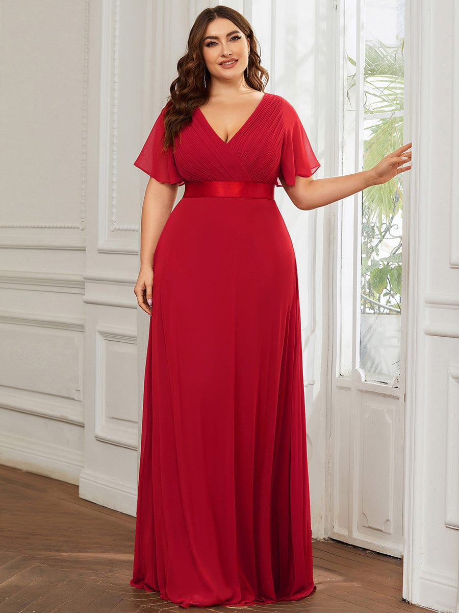 Plus Size Long Empire Waist Bridesmaid Dress with Short Flutter Sleeves #color_Red