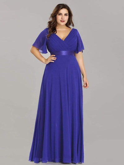 Plus Size Long Empire Waist Bridesmaid Dress with Short Flutter Sleeves #color_Sapphire Blue