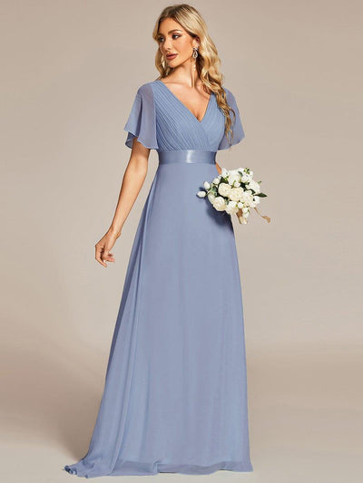 Empire Waist Floor Length Bridesmaid Dress with Short Flutter Sleeves #color_Slate Blue