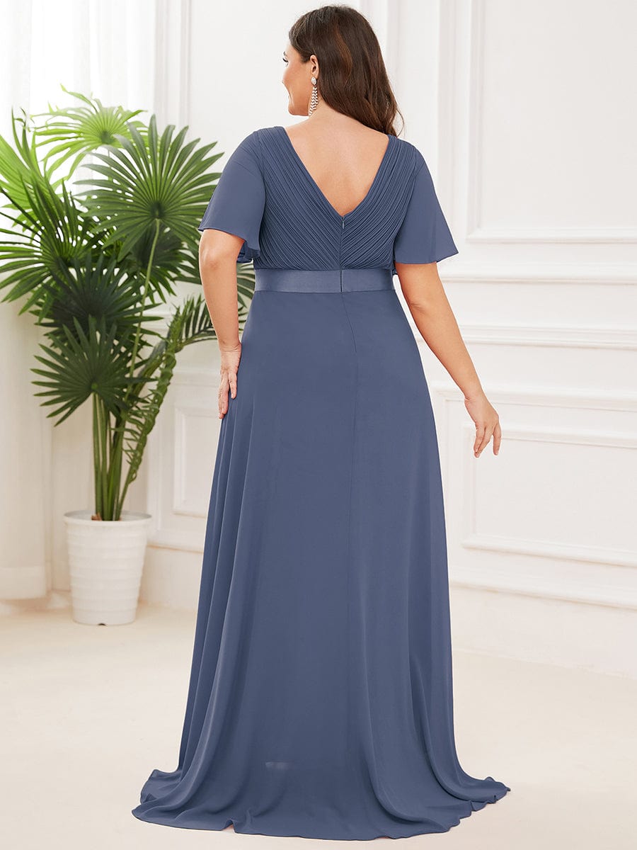 Plus Size Long Empire Waist Bridesmaid Dress with Short Flutter Sleeves #color_Stormy