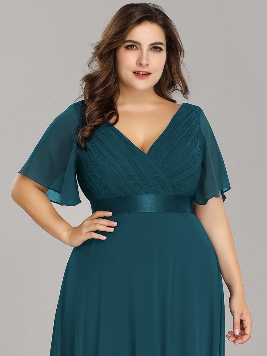 Long Empire Waist Bridesmaid Dress with Short Flutter Sleeves #color_Teal