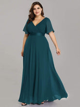 Plus Size Long Empire Waist Bridesmaid Dress with Short Flutter Sleeves #color_Teal