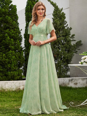 Floral Chiffon High Waist Short Sleeves Bridesmaid Dress