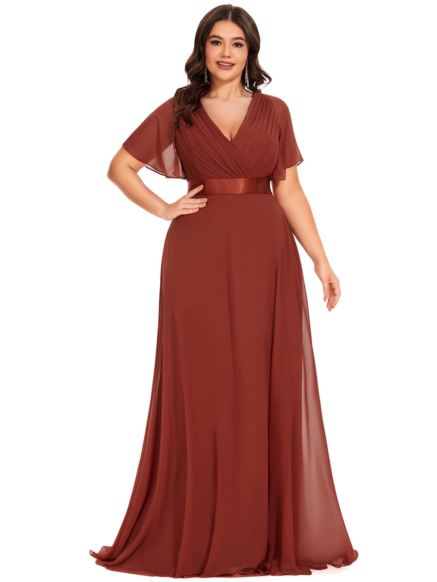 High Waist Short Sleeves Bridesmaid Dress #color_Vermilion