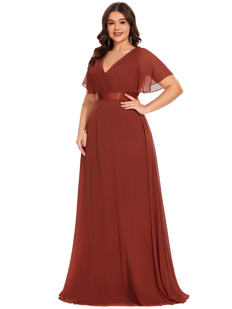 High Waist Short Sleeves Bridesmaid Dress #color_Vermilion