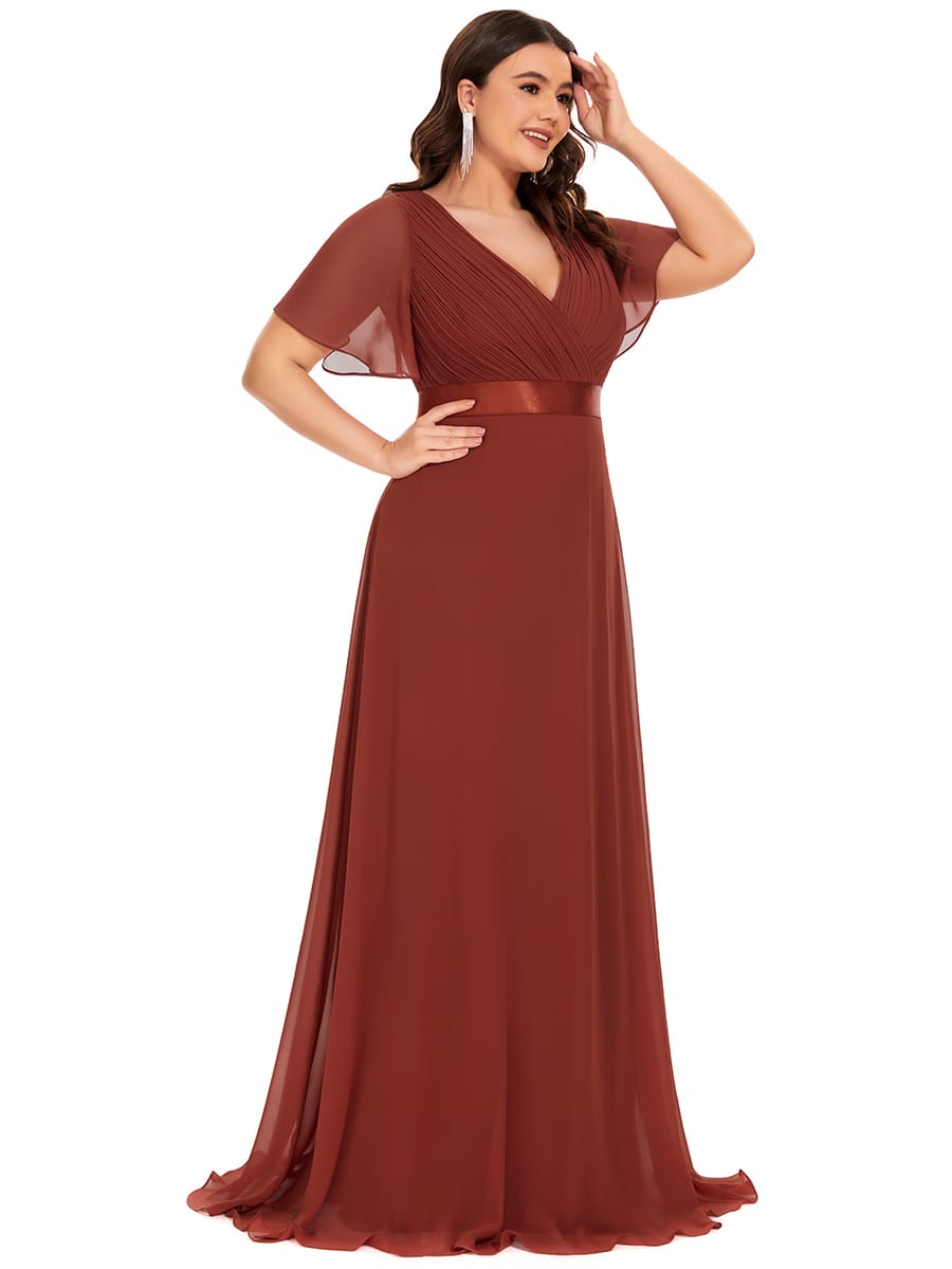 High Waist Short Sleeves Bridesmaid Dress #color_Vermilion