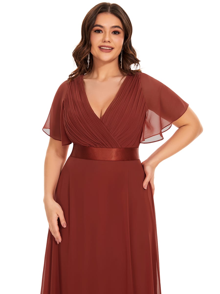 High Waist Short Sleeves Bridesmaid Dress #color_Vermilion