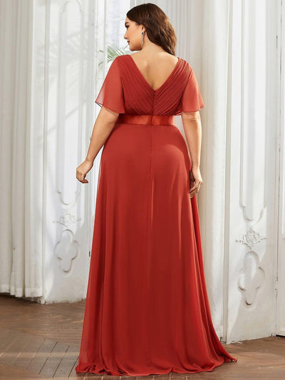 Plus Size Long Empire Waist Bridesmaid Dress with Short Flutter Sleeves #color_Vermilion