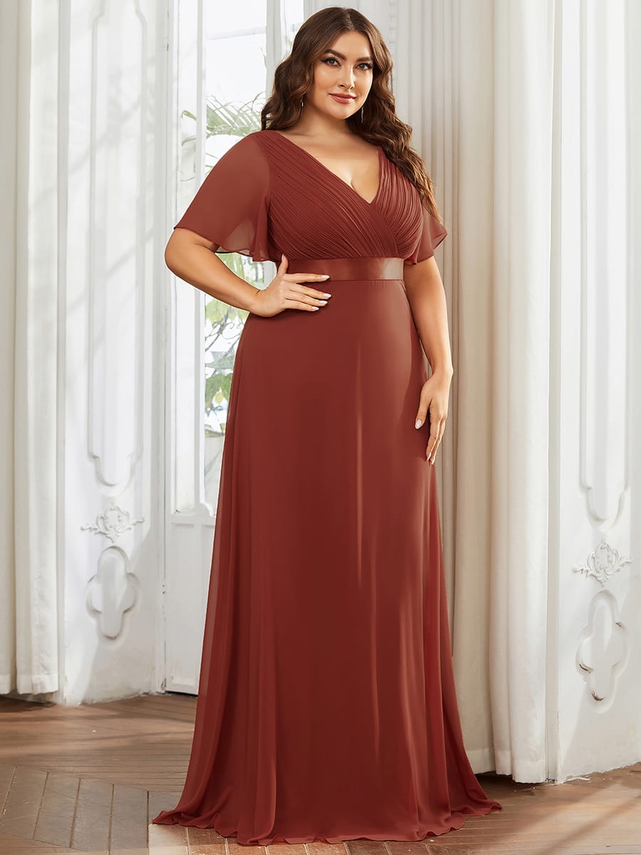 High Waist Short Sleeves Bridesmaid Dress #color_Vermilion