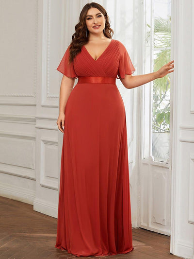 Plus Size Long Empire Waist Bridesmaid Dress with Short Flutter Sleeves #color_Vermilion