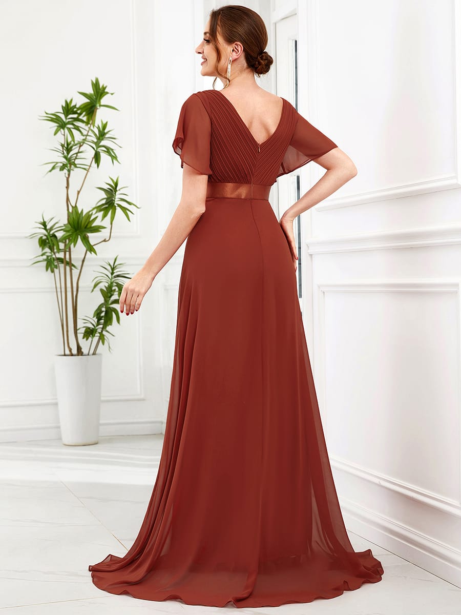 High Waist Short Sleeves Bridesmaid Dress #color_Vermilion