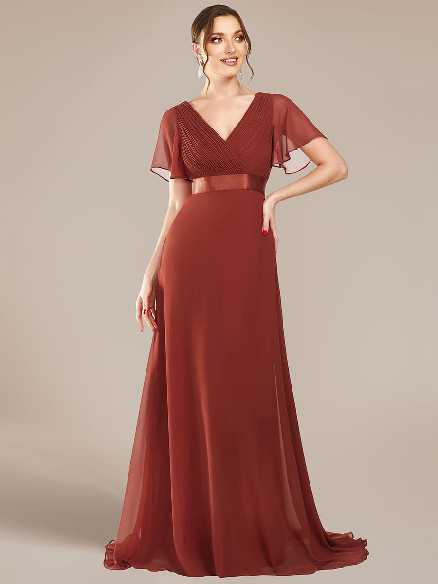 High Waist Short Sleeves Bridesmaid Dress #color_Vermilion