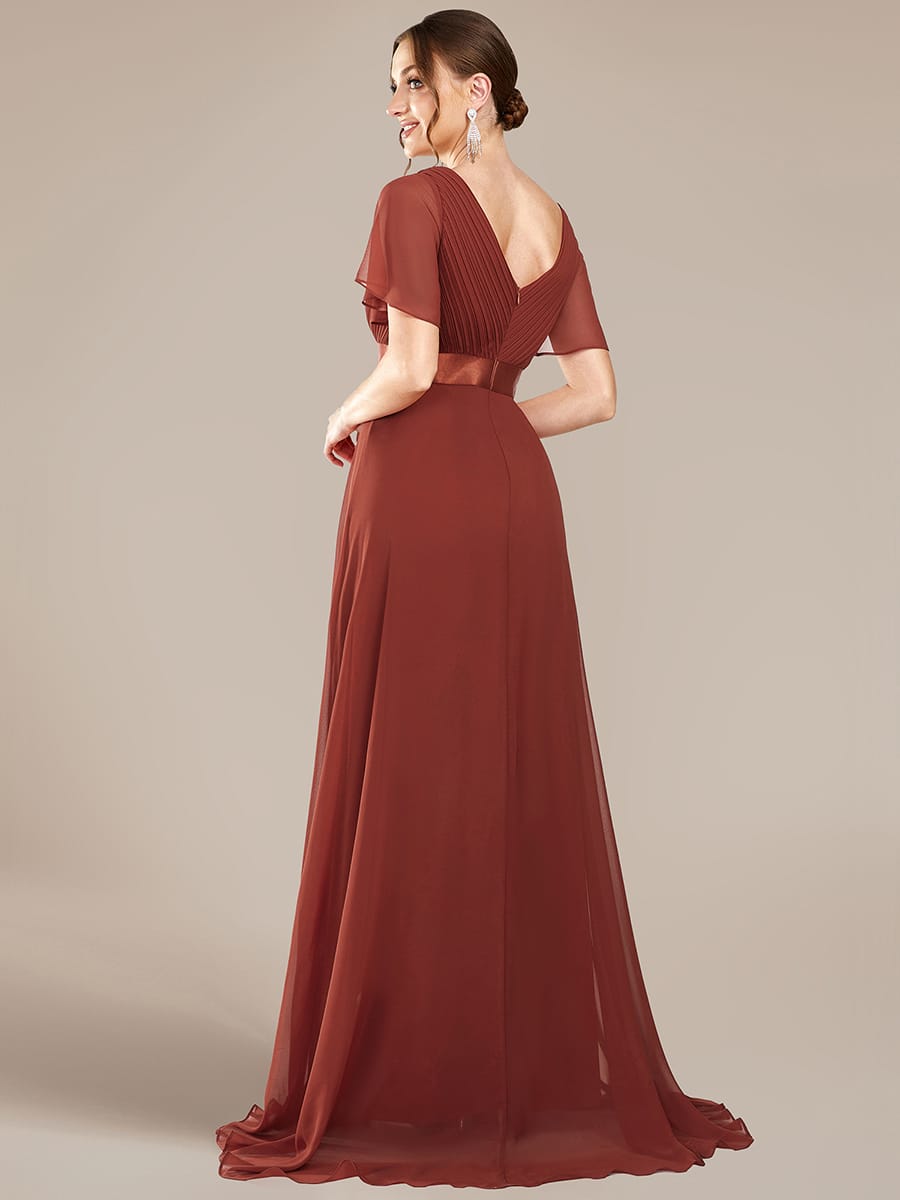 High Waist Short Sleeves Bridesmaid Dress #color_Vermilion