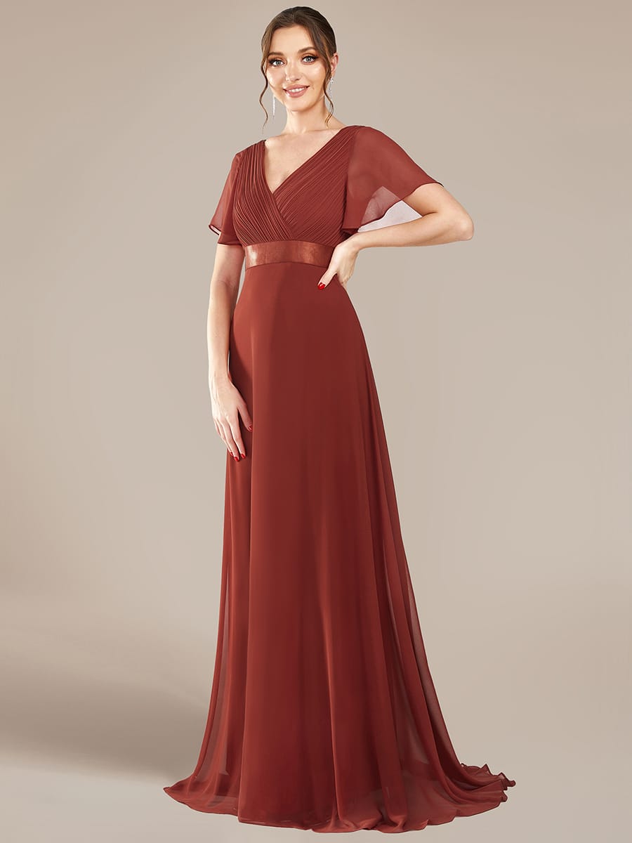 High Waist Short Sleeves Bridesmaid Dress #color_Vermilion