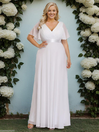 Plus Size Long Empire Waist Bridesmaid Dress with Short Flutter Sleeves #color_White