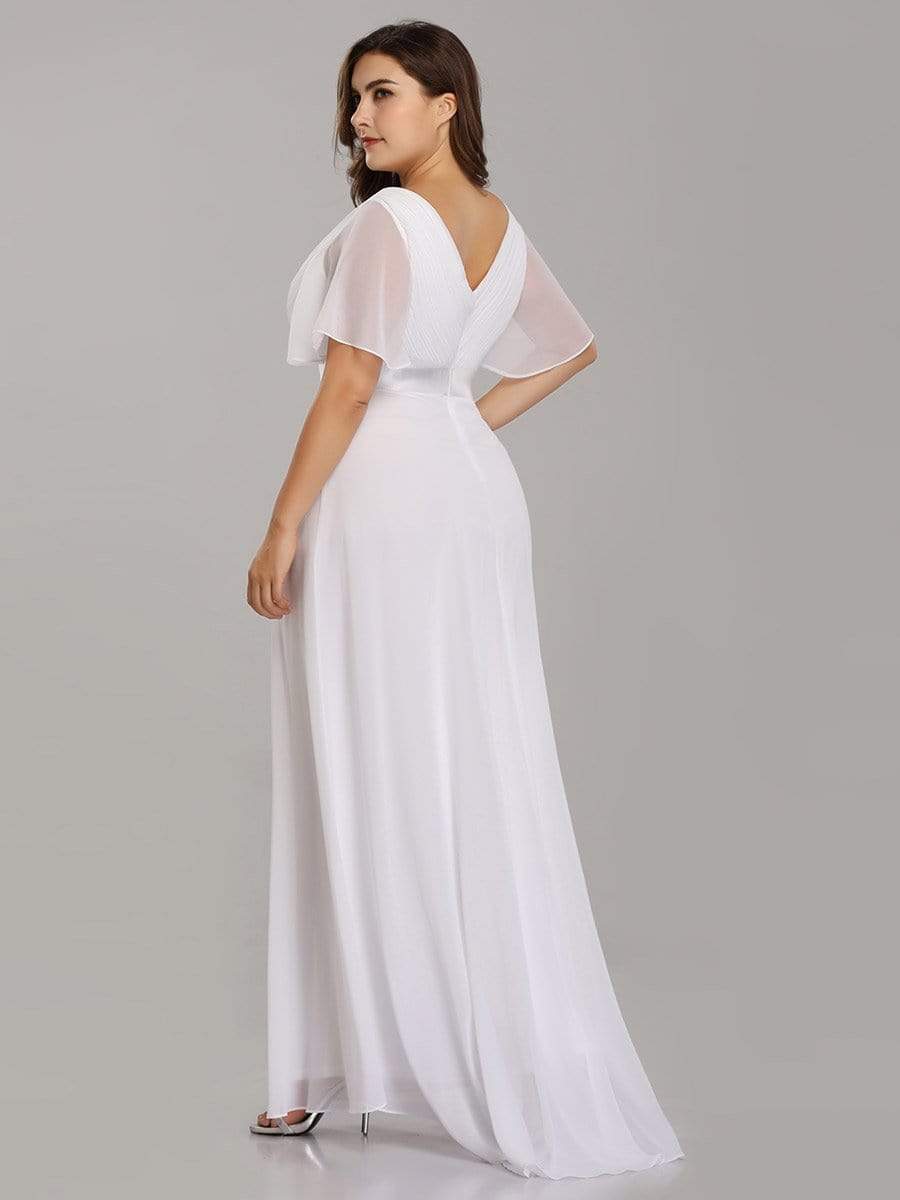 Plus Size Long Empire Waist Bridesmaid Dress with Short Flutter Sleeves #color_White
