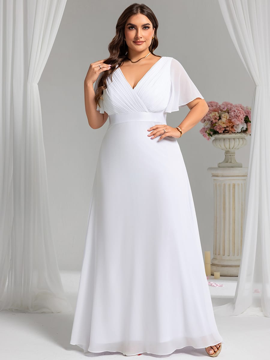 Empire Waist Floor Length Bridesmaid Dress with Short Flutter Sleeves #color_White