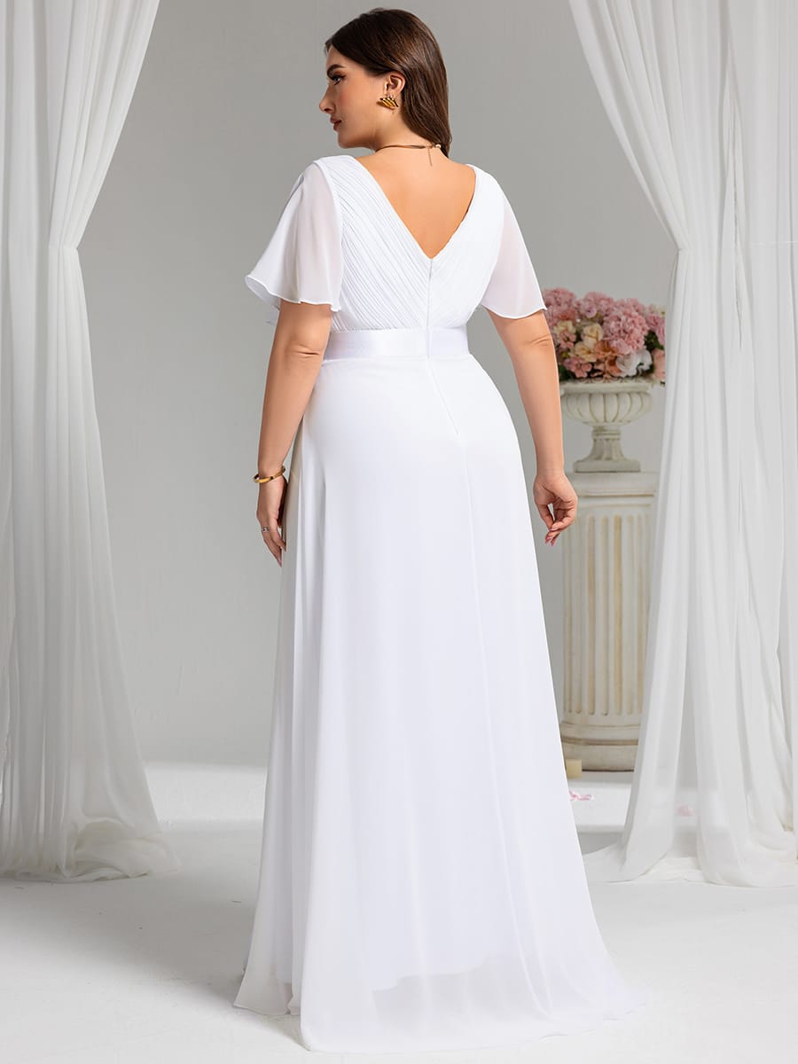 Empire Waist Floor Length Bridesmaid Dress with Short Flutter Sleeves #color_White