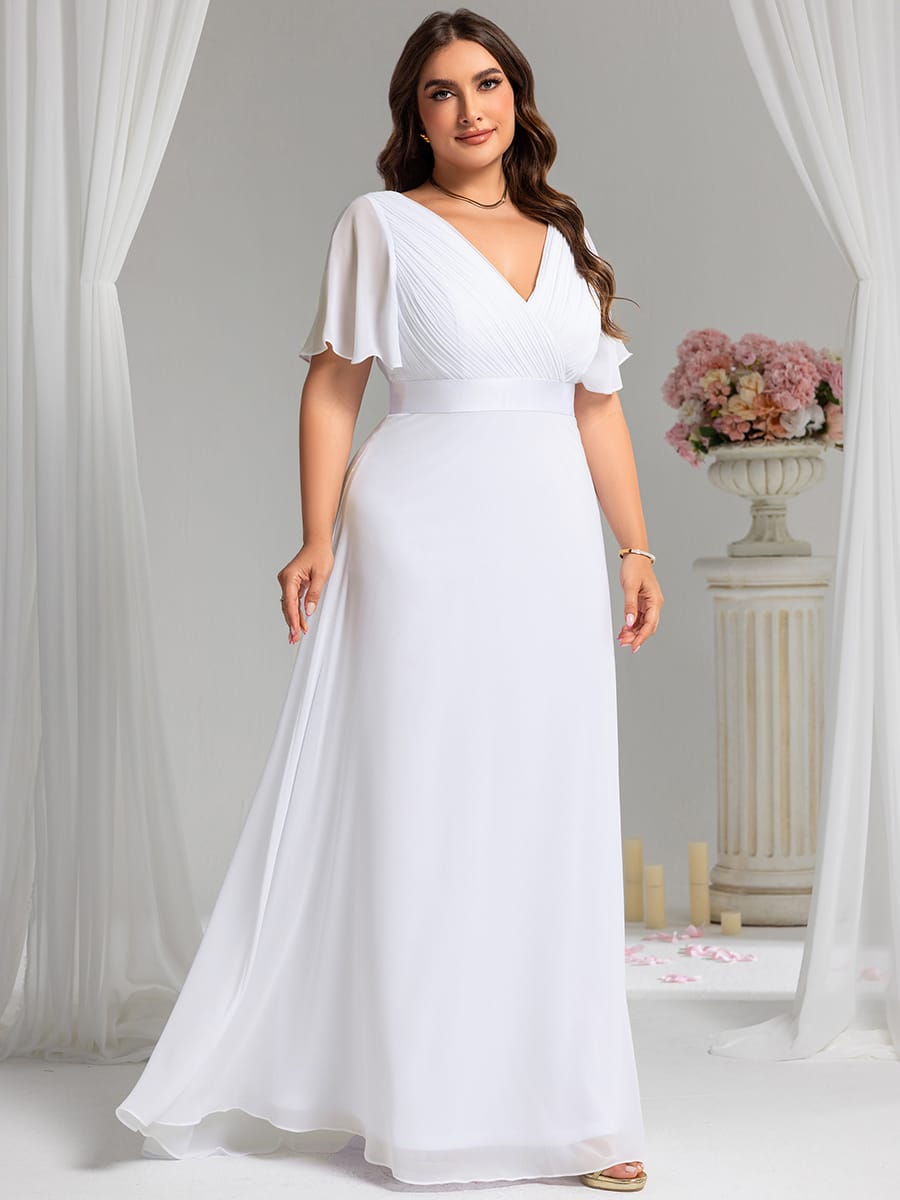 Empire Waist Floor Length Bridesmaid Dress with Short Flutter Sleeves #color_White