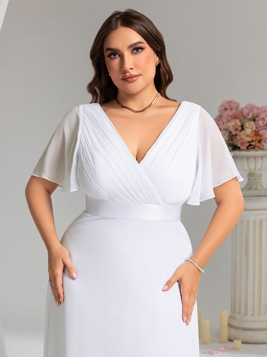 Empire Waist Floor Length Bridesmaid Dress with Short Flutter Sleeves #color_White